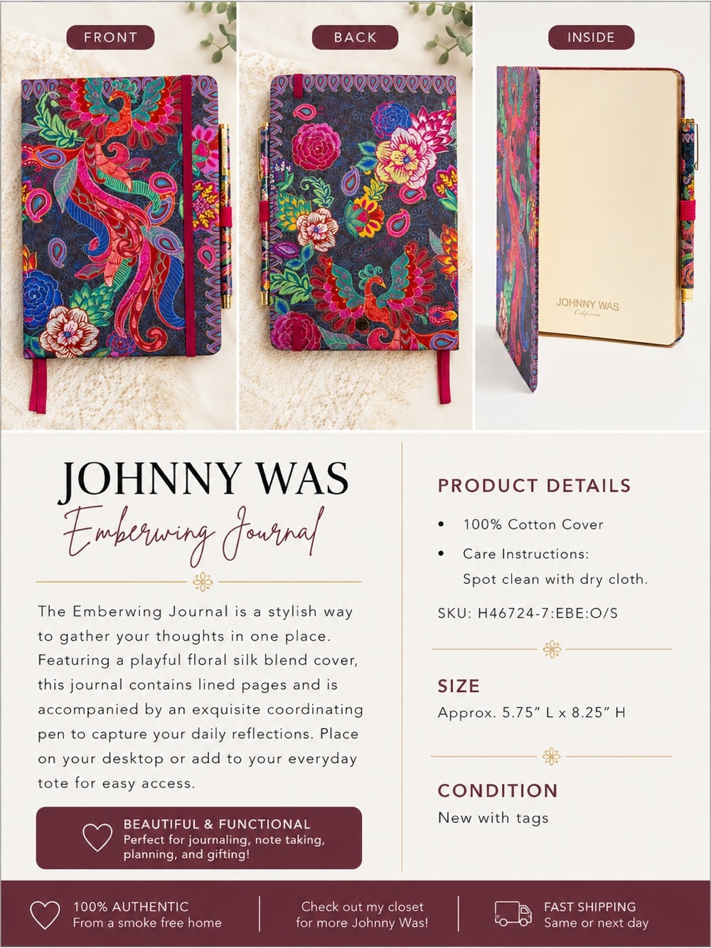 Johnny Was Multicolor Floral Phoenix Hardcover Notebook Brand New